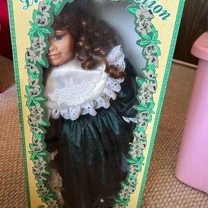Green and White Vintage Porcelain Doll